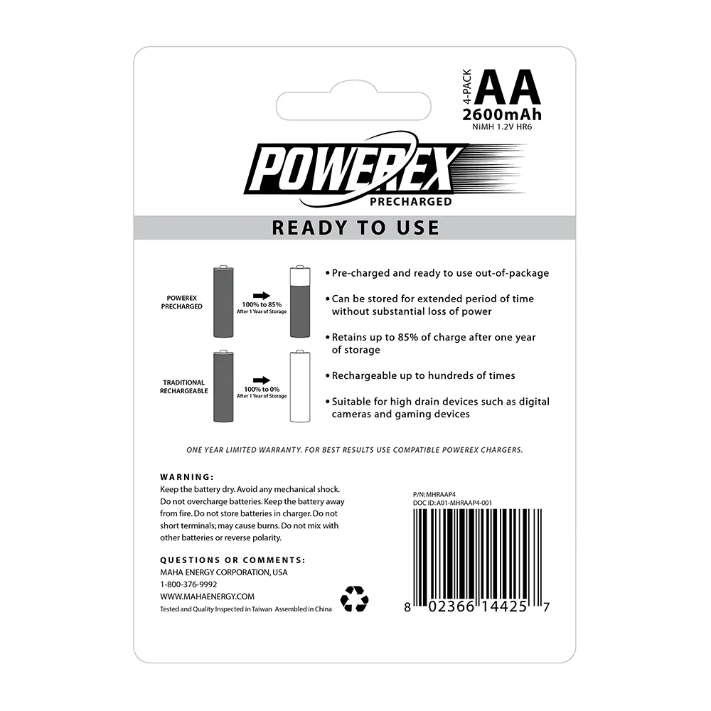 Maha Powerex Precharged Rechargeable AA NiMH Batteries (1.2V, 2600mAh) - 4-Pack - Image 3
